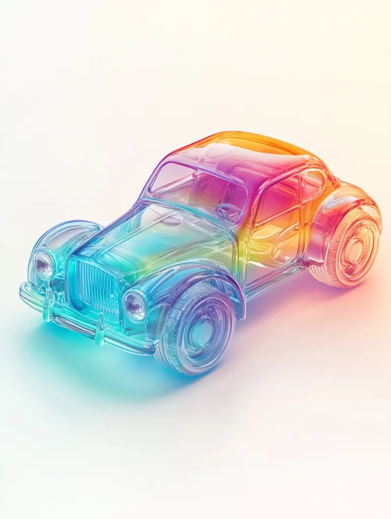 A transparent, iridescent vintage car model in a rainbow color scheme.  The car appears to be made of glass or plastic and is sitting on a white surface. The car's details are visible, including its wheels, headlights, and grille.  The colorful effect creates a sense of vibrancy and whimsy.  The image is abstract and artistic, suggesting a modern interpretation of a classic car.  The focus is on the car's unique and eye-catching appearance.