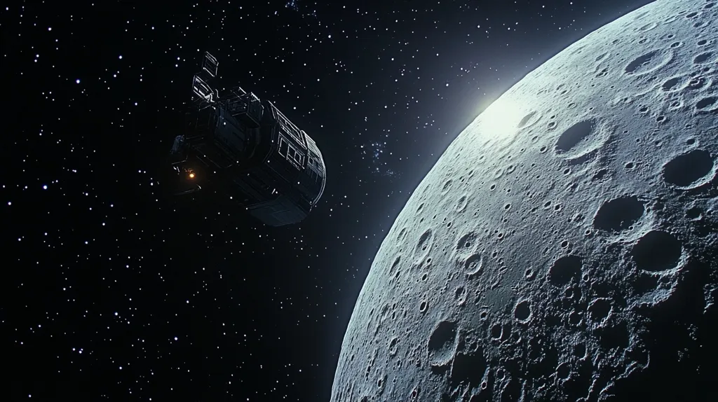 A spaceship, with glowing lights, flies past a large, grey moon in a dark, starry space. The moon is covered in craters and has a faint glow on one side. The background is filled with countless twinkling stars. The scene is set against the backdrop of a vast, dark universe.