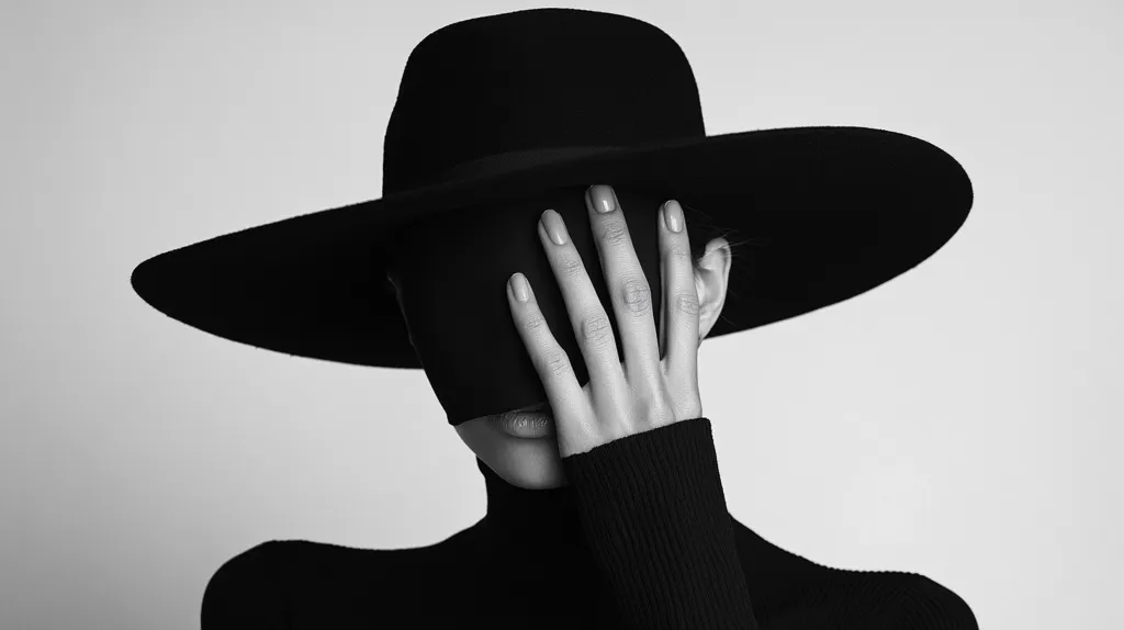 A woman in a black hat and turtleneck sweater partially covers her face with her hand. The image is in black and white and the lighting is soft. The woman's expression is unclear, but there is a sense of mystery and intrigue.