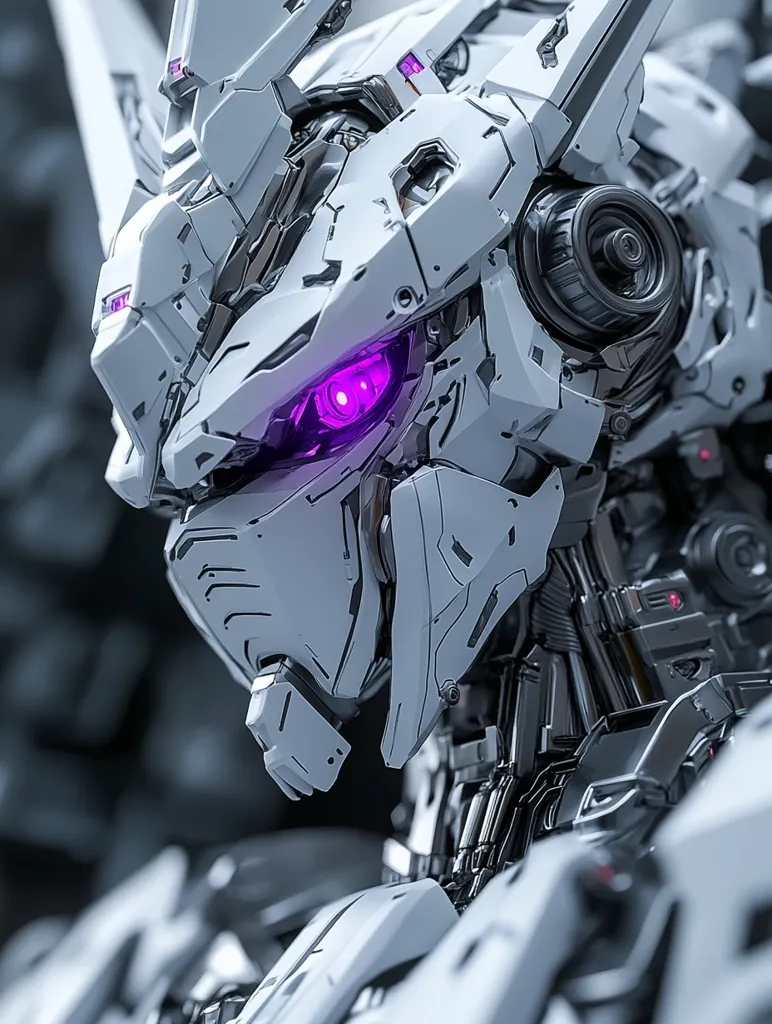 A close-up of a white, robotic creature with a single, glowing purple eye. The intricate detail of its mechanical head and the dark, metallic textures of its body create a futuristic and imposing aesthetic. The robotic design suggests an advanced technological creation, possibly a futuristic warrior or a powerful machine.  The image evokes a sense of mystery and a hint of danger.