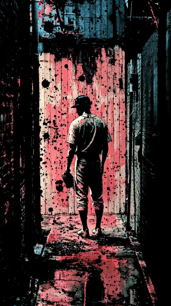 A man in a baseball cap and uniform stands in a dark alleyway. The walls are covered in red and black paint splatters. The ground is wet and covered in red puddles. The man's face is obscured by the shadows. The image is dark and ominous, suggesting a sense of danger and uncertainty.  The alleyway is narrow and enclosed, creating a feeling of claustrophobia. The overall tone of the image is dark and unsettling.
