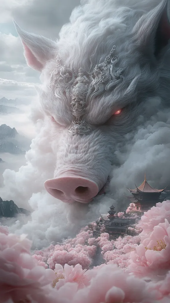 The image shows a large, white, furry creature resembling a pig with a crown of intricate designs, hovering above a field of delicate, pale pink flowers. The creature has piercing red eyes and is partially obscured by clouds. Behind the flowers, a small, dark, pagoda-style building peeks out from the mist. The overall image is surreal and ethereal, with a sense of wonder and mystery.