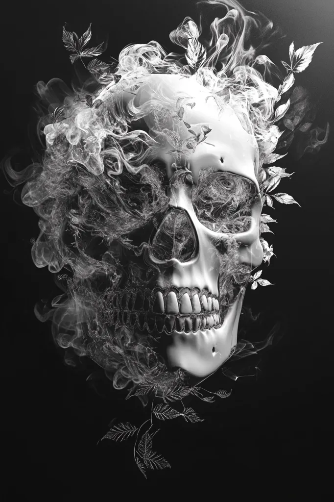 A detailed, silver skull is partially obscured by wispy smoke and delicate, vine-like branches. The skull is rendered in high detail, showing teeth, eye sockets, and the shape of the jaw. The smoke and branches create a ethereal and ghostly effect, suggesting a connection between life and death. The image is set against a black background, emphasizing the contrast between the light and dark elements.