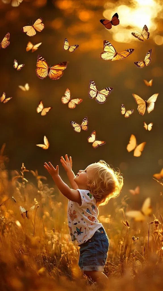 A young child with blonde hair and a white shirt stands in a field of tall grass, arms raised as if reaching for a swarm of butterflies. The butterflies are in various shades of orange and brown and flutter in the air above the child's head, creating a whimsical and magical scene. The warm, golden light of the setting sun bathes the scene in a warm glow.  The child's expression is one of joy and wonder, capturing the beauty of a simple moment in nature.