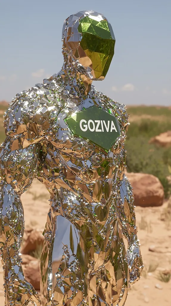A humanoid figure, composed of countless shattered shards of glass, stands in a desert landscape. The figure's head is covered by a large green, multifaceted, helmet. The word "GOZIVA" is inscribed on a green shard on the figure's chest. The figure's body reflects the surrounding environment.  The scene is rendered in a photorealistic style.