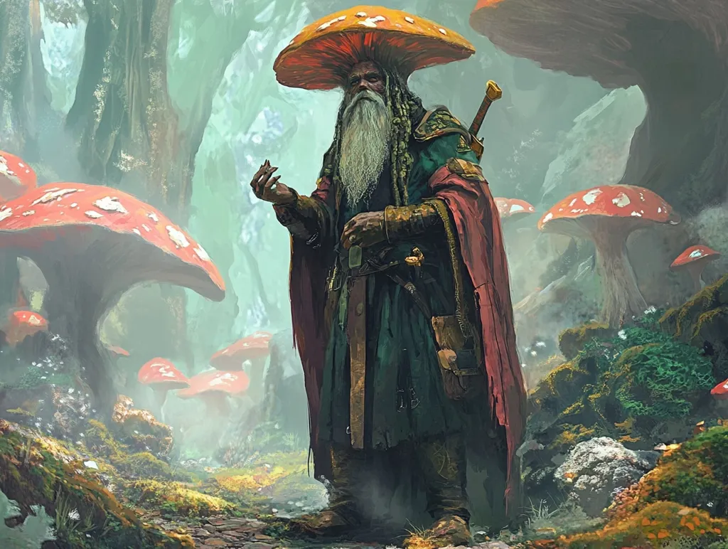 An elderly, bearded man with a long white beard, dressed in a green and red robe, stands in a lush, mossy forest filled with large red and white mushrooms. He holds a sword and appears to be a powerful wizard, with an aura of magic and wisdom surrounding him. The forest is shrouded in a mystical fog, creating a sense of wonder and enchantment. The mushrooms, reaching high above the man's head, add to the surreal atmosphere of the scene. The setting evokes a sense of ancient magic and forgotten lore.