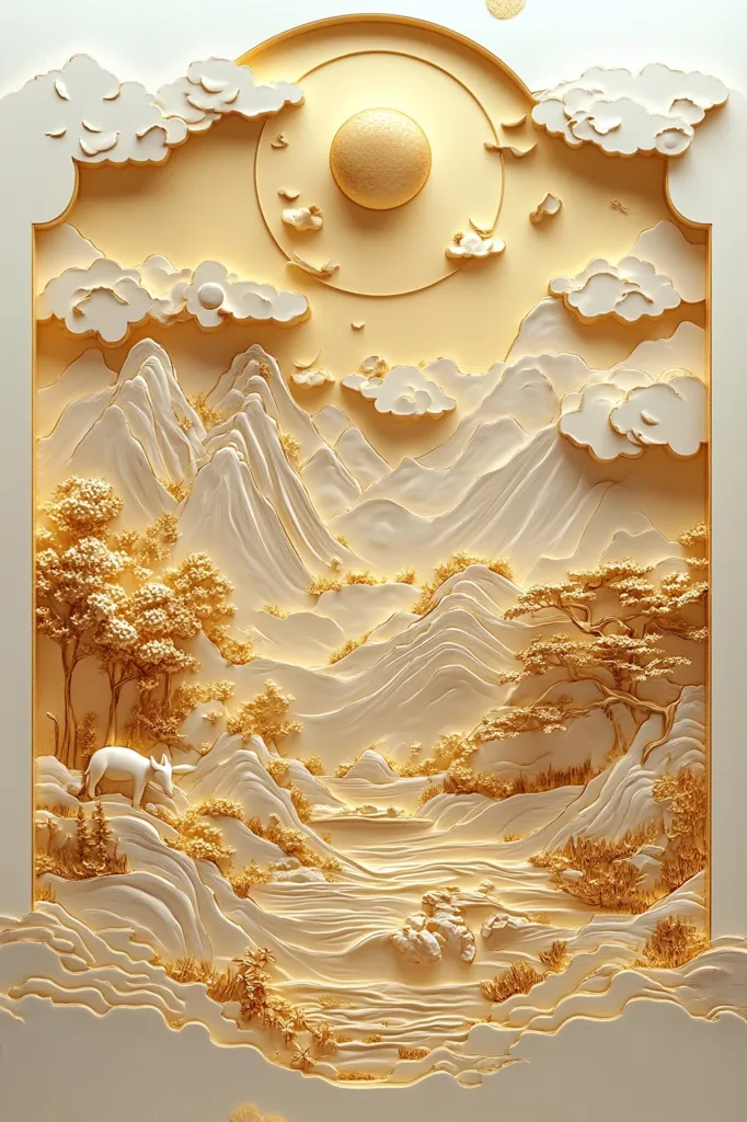 The image is a 3D embossed artwork depicting a serene mountain landscape. The mountains are sculpted in white with golden accents, creating a sense of depth and dimension. A golden orb hangs in the sky, surrounded by fluffy clouds. The scene is peaceful and tranquil, evoking a sense of calmness and serenity. The intricate details of the mountains, trees, and clouds create a visually captivating piece.