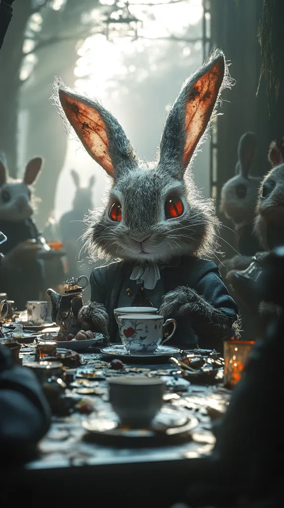 A rabbit with large, furry ears and red eyes sits at a table with other rabbits. It is dressed in a dark suit and holding a teacup. The table is set with a teapot, plates, and cups. There is a blurry background with a bright light source, possibly a window. The scene is reminiscent of a tea party in a forest, possibly inspired by Alice in Wonderland.