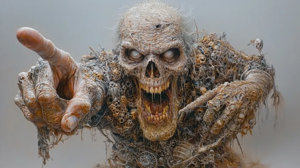 A grotesque, skeletal creature covered in decaying flesh and bone points with a bony finger. Its gaping maw reveals sharp teeth and a long, bloody tongue. Its eyes are vacant and white, staring into the distance. The creature is surrounded by a web of decaying flesh and bone, creating a disturbing and macabre image.