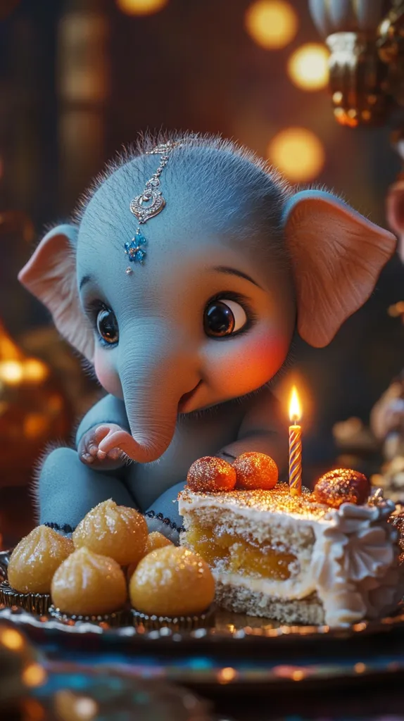 A cute, blue baby elephant with a jeweled headpiece looks at a birthday cake with one lit candle. The elephant has large, expressive eyes and a sweet expression. The cake is decorated with small golden balls and white frosting. The scene is lit by warm, golden lights.