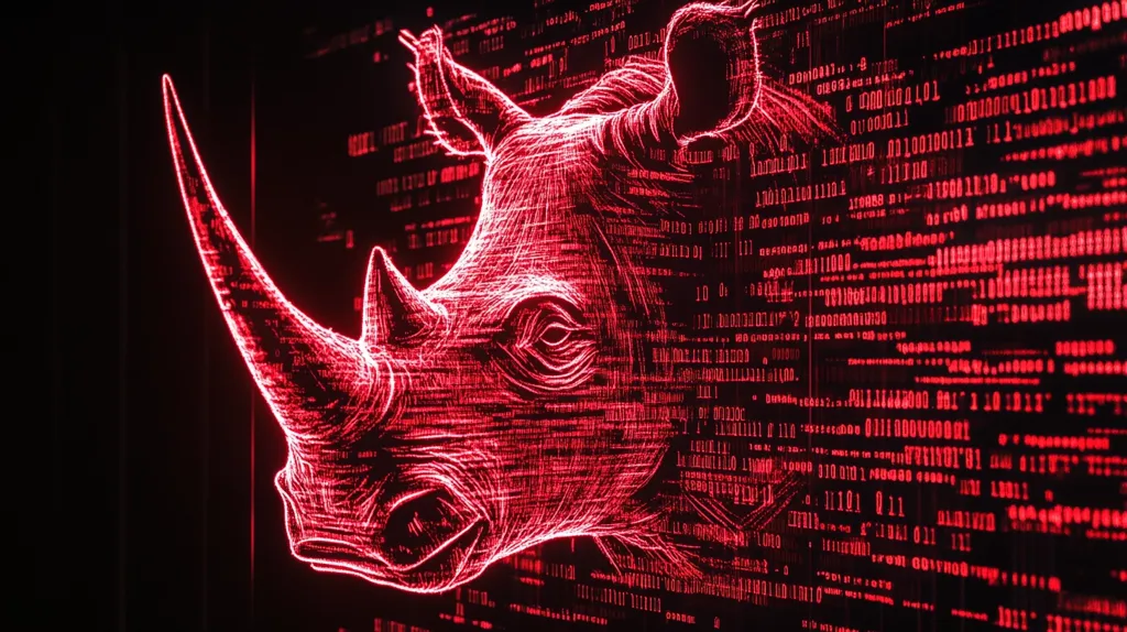 The image shows a red outline of a rhinoceros' head and horn against a dark background.  The outline is made up of lines of red code, creating a digital and abstract depiction of the animal. The code is a digital background that makes the rhinoceros look like a glitch in the system. The image may represent the dangers of cybercrime or the threat of endangered animals.