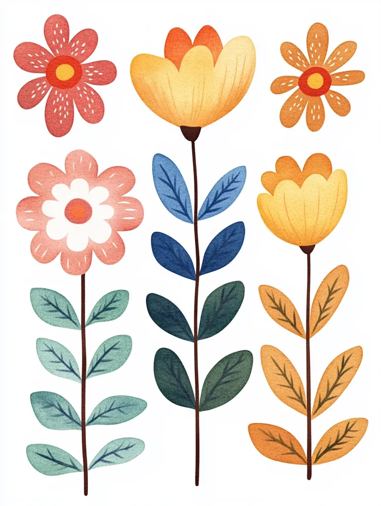 The image features five stylized flowers with varying shapes, colors, and leaf arrangements.  Two flowers are pink with white centers, one is a vibrant orange, and two are yellow with orange centers. The flowers are all depicted on tall, slender stems with leaves in shades of blue, green, and orange. The overall style is whimsical and playful, reminiscent of a children's illustration.