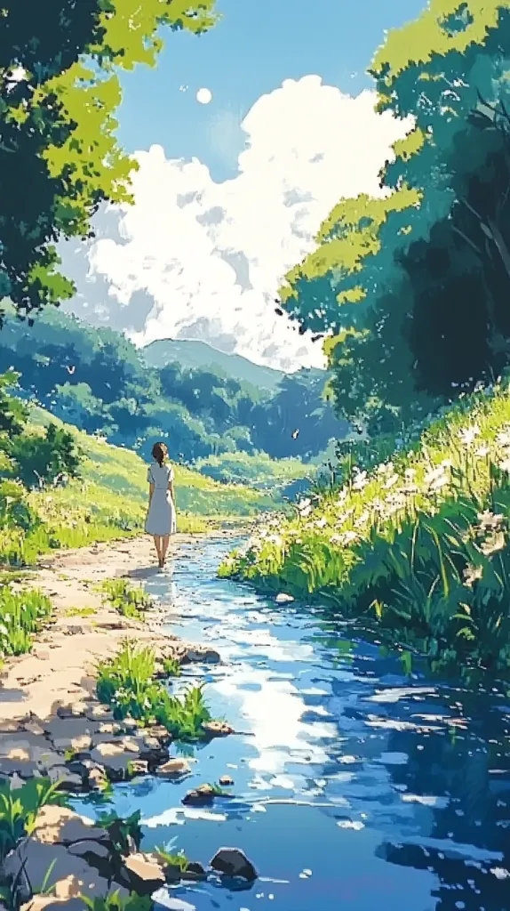 A woman in a white dress walks along a dirt path beside a babbling brook. Lush green foliage frames the scene, with white flowers blooming along the bank.  The sky is bright blue, filled with puffy white clouds. The scene evokes a sense of peace and tranquility.