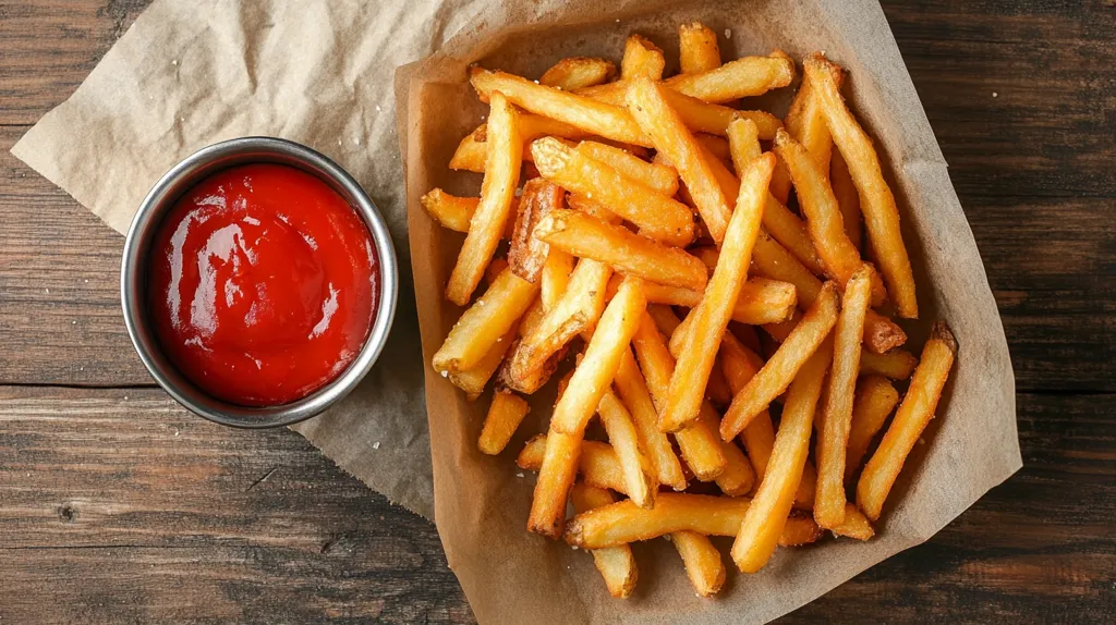 A close-up shot of a plate of golden-brown French fries on parchment paper with a small bowl of ketchup on the side. The fries are arranged in a heap, with some overlapping. The woodgrain background adds a rustic feel to the image.  The food is ready to eat.