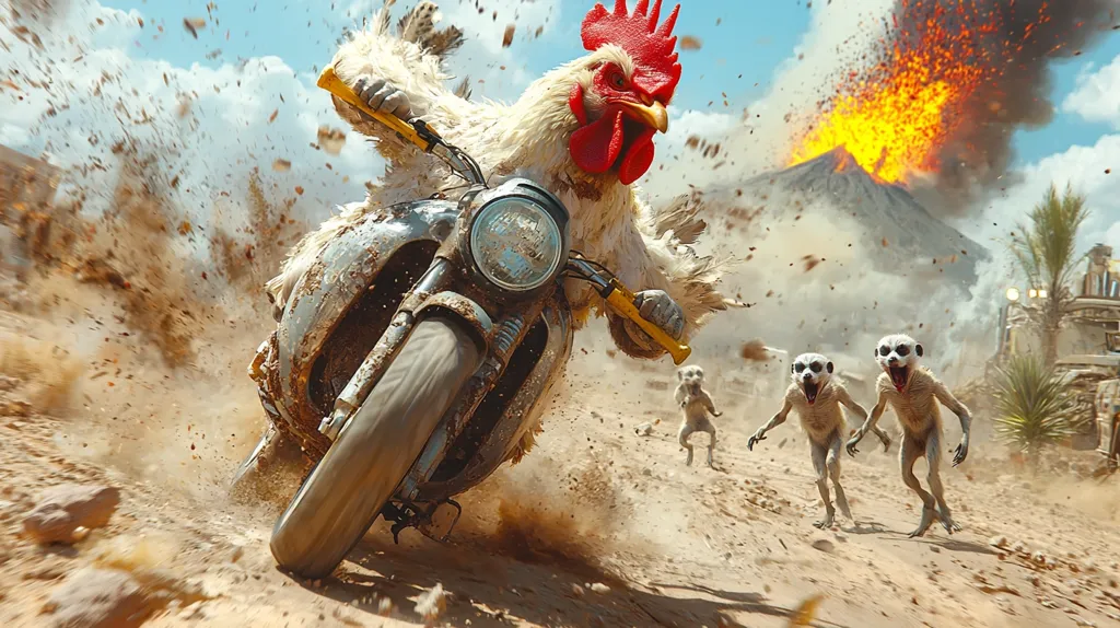 A white rooster with a red comb and wattle is riding a motorcycle through a dusty desert landscape. He is racing towards a volcano that is erupting in the background.  A group of meerkats are running in the same direction, looking terrified. The image is a humorous and surreal take on a thrilling action scene.