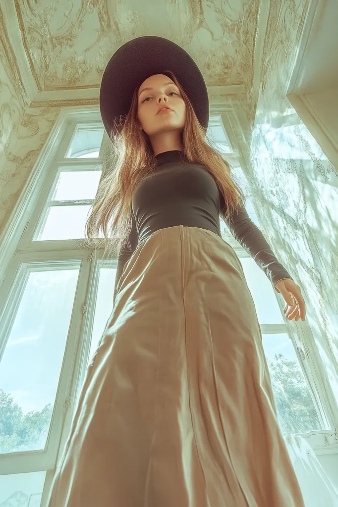 A young woman wearing a black top, a long beige skirt, and a black hat stands near a window. The image is taken from a low angle, making the woman appear tall and the window seem large. The light filtering through the window creates a soft, warm glow. Her long brown hair cascades down her back, and she looks directly at the camera with a slight smile. The background is blurred, creating a sense of intimacy and focus on the woman.