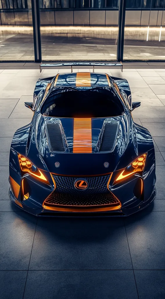 A sleek, dark blue sports car with a prominent orange stripe down the center of the hood. The car features a large, black front grille with the Lexus logo prominently displayed. The headlights are narrow and angled, and the car sits low to the ground, giving it an aggressive stance. The car is parked in a modern, minimalist setting, creating a stark contrast with the bright orange accents on the car.  The overall effect is one of speed, power, and luxury.