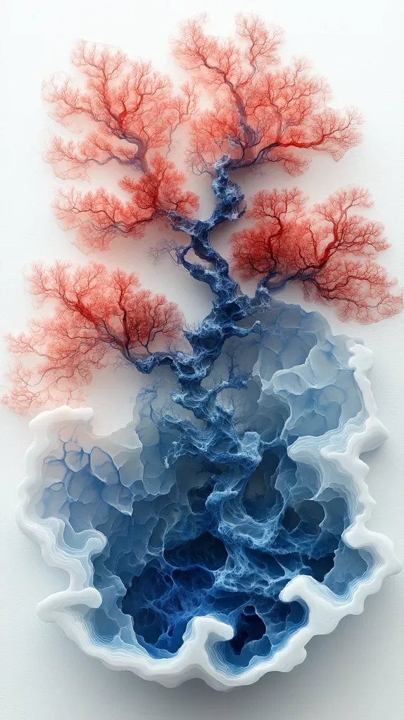 The image shows a delicate, fractal-like structure with a contrasting color scheme. A tree-like form with intricate branches in shades of pink and red stands against a background of white. The tree branches flow into a large, organic shape resembling a cave, filled with a blue and white, layered, almost cavernous, design. The light, airy feel of the image creates a sense of wonder and delicate beauty.  The colors and textures are harmonious and evoke a sense of natural growth and complexity.