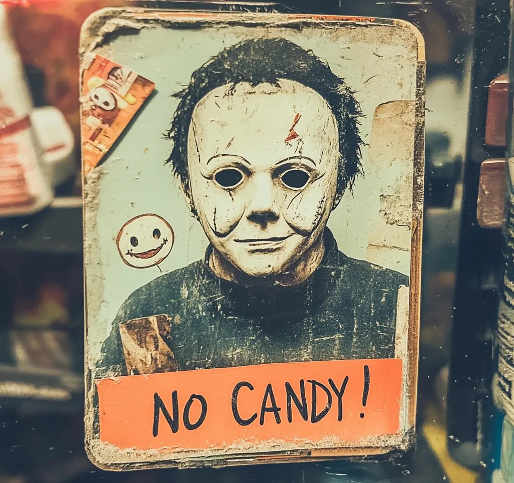 A vintage, worn-out, Halloween card featuring a man wearing a white mask with black eye holes and a sinister grin. The card has an orange banner at the bottom with the words "No Candy!". The background is a faded blue and the image is slightly faded and textured. The overall feel is eerie and slightly menacing.  The image is reminiscent of classic horror movies.