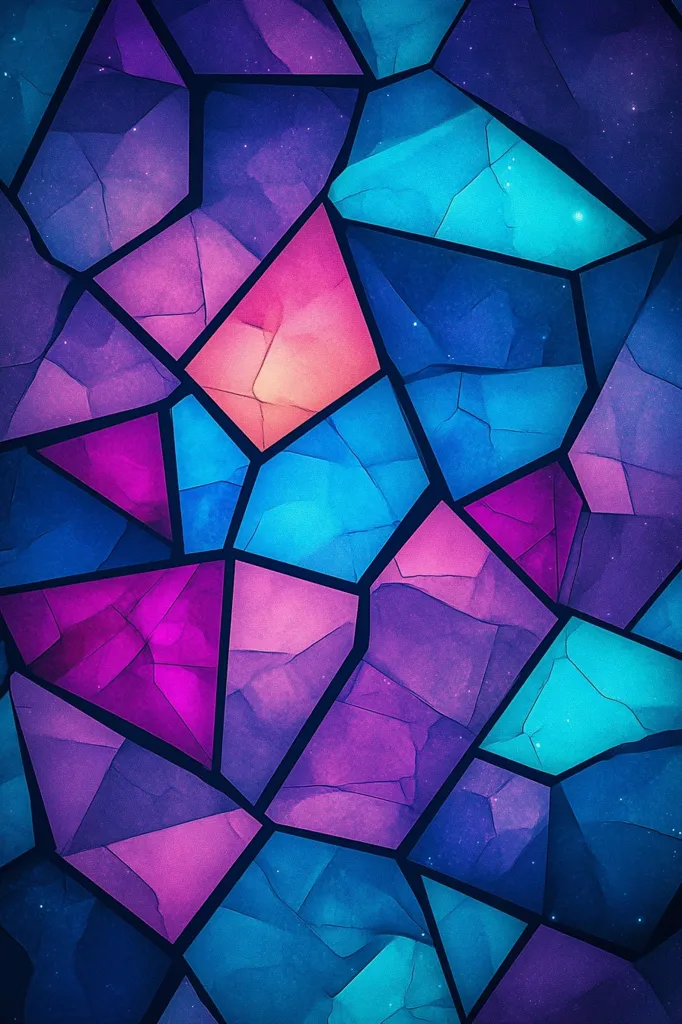 The image features a colorful abstract pattern made up of various geometric shapes. The dominant colors are shades of blue, purple, and pink, with a subtle shimmer effect on the surface. The shapes overlap and interlock, creating a visually appealing and textured design. The overall effect is one of depth and complexity.
