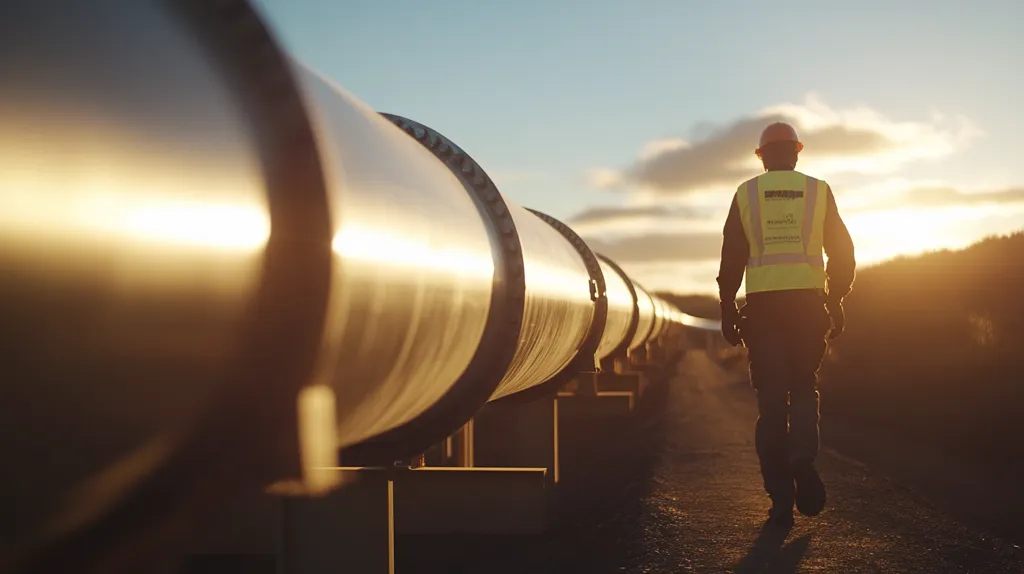 A lone worker in a yellow safety vest walks along a long pipeline towards a setting sun. The pipeline is made of large metal pipes that are supported on metal brackets. The sun casts a warm glow on the scene, making the worker's silhouette stand out. The image depicts the scale and importance of pipeline infrastructure.