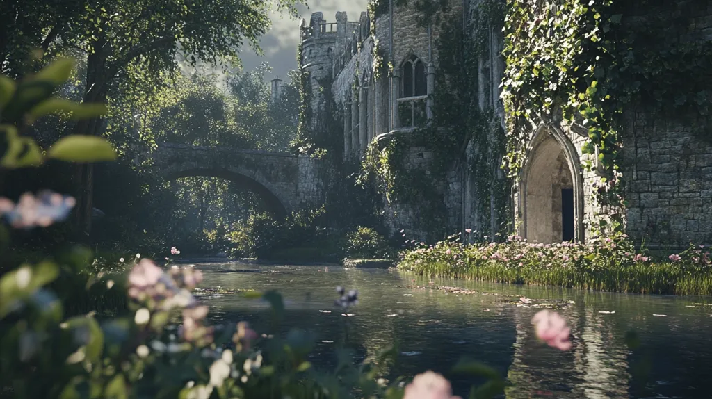 The image shows a stone building overgrown with greenery, situated beside a calm river. A stone bridge arches over the water in the foreground, partially obscured by lush foliage and delicate pink blossoms. Sunlight filters through the trees, casting a soft glow on the scene. The building's arched entrance suggests a hidden passage, inviting exploration and a sense of mystery.