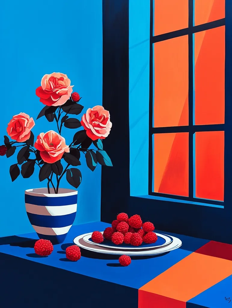 A still life painting with a blue, white, and orange color scheme.  A vase with pink roses sits on a table with a blue tablecloth.  Raspberries are arranged on a white plate in front of the vase.  A window with orange panes is visible in the background.  The painting has a flat, stylized look.