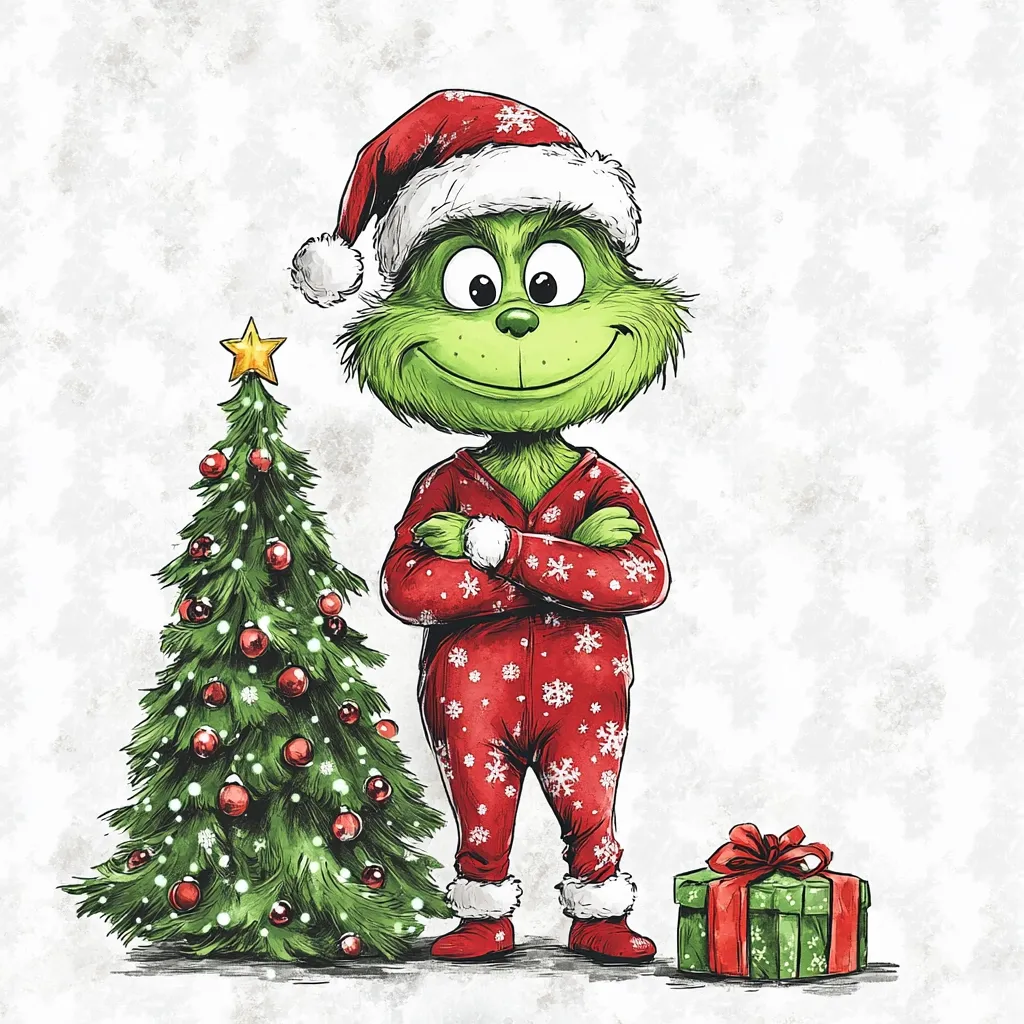 The Grinch is dressed in red and white pajamas with a Santa hat, standing with his arms crossed in front of a decorated Christmas tree. A green gift box with a red bow sits in front of him. The background is a light gray with white flecks. The image has a humorous and festive tone.