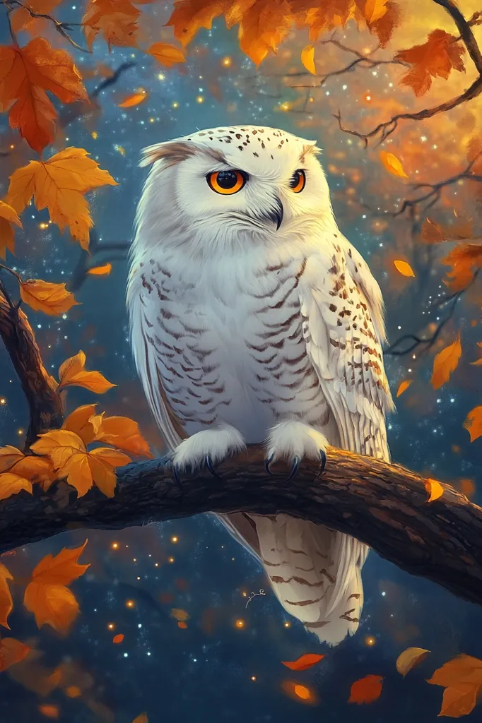 A snowy owl with bright yellow eyes is perched on a branch. The owl's white and brown plumage is beautifully detailed, and its talons are sharp. The background is a dreamy blur of blue and orange, with falling autumn leaves and sparkling lights. The owl's gaze is intense and captivating, suggesting a sense of wisdom and mystery. The image evokes a sense of tranquility and wonder, as if the owl is guarding a secret within the autumn forest.