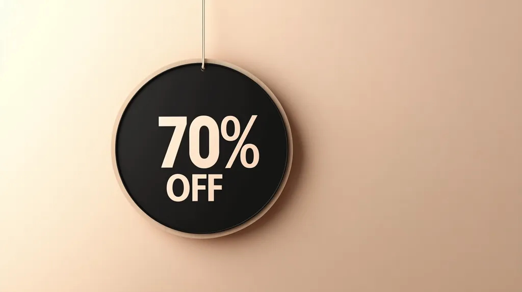 A black circle with a white outline hangs against a pale peach background. The circle contains the text "70% OFF" in bold white lettering. The circle hangs from a thin string. The image is simple and visually appealing.
