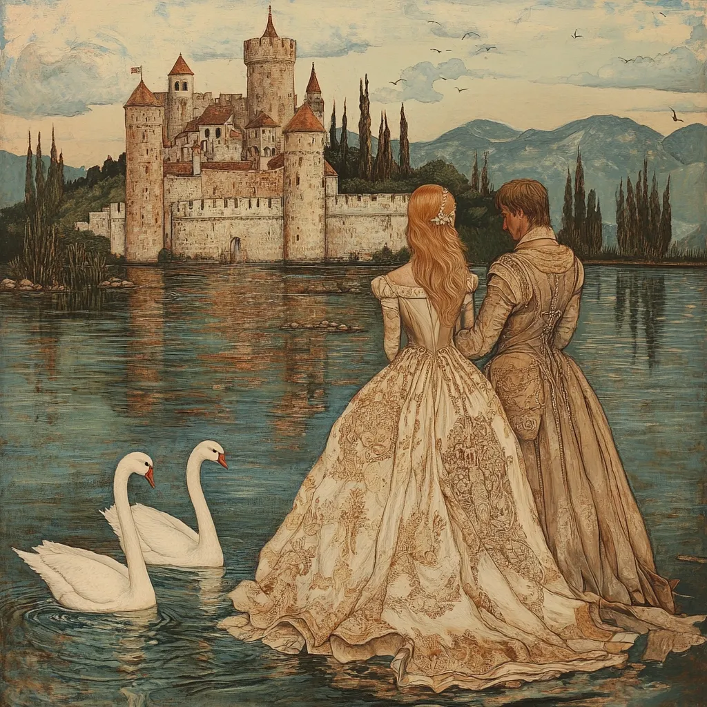 A fairytale scene with a man and a woman in elegant clothing standing on a lake shore, gazing towards a majestic castle in the distance. The lake is calm, with two white swans swimming peacefully in the foreground. The castle, perched on a hill, is surrounded by lush trees and mountains, creating a picturesque backdrop. The overall tone is romantic and dreamy, suggesting a timeless love story.