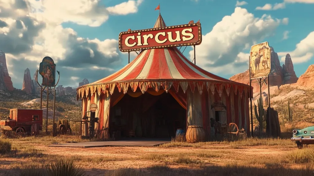 A red and white striped circus tent stands in the middle of a desert landscape, with a sign above the entrance that reads "circus". The tent is faded and worn, giving it a sense of age and history. There are a few cars parked nearby, as well as some cacti and other desert vegetation. In the background, there are some tall, red rock formations. The sky is blue and cloudy.  The image evokes a sense of nostalgia and wonder, as well as a touch of mystery.