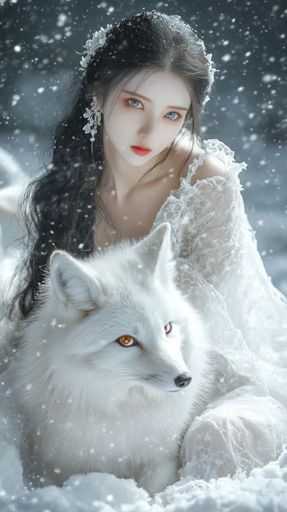 A young woman with long black hair adorned with white flowers sits in a snowy landscape, holding a white fox. She wears a white lace dress, and her skin appears pale against the snowy backdrop. The fox stares directly at the camera, its bright orange eyes piercing. Snowflakes fall gently around the woman and fox, creating a magical and ethereal ambiance.