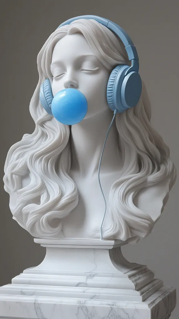 A white marble bust of a woman with long, flowing hair. She is wearing a pair of blue headphones and is blowing a blue bubble. The bust is on a white marble pedestal.  The image is a modern take on classical sculpture, blending tradition with contemporary elements.