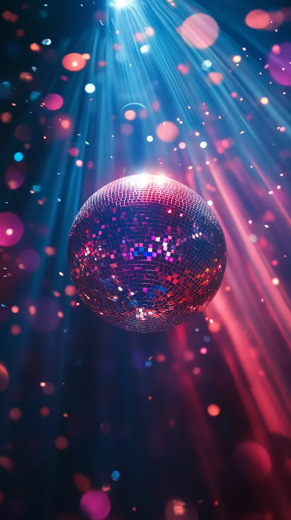 A mirrored disco ball hangs in the center of the frame, reflecting colorful lights that are spread out in a radial pattern, creating a dazzling display. The background is a dark blue with streaks of pink light, creating a sense of movement and energy. The image captures the excitement and atmosphere of a party or nightclub.