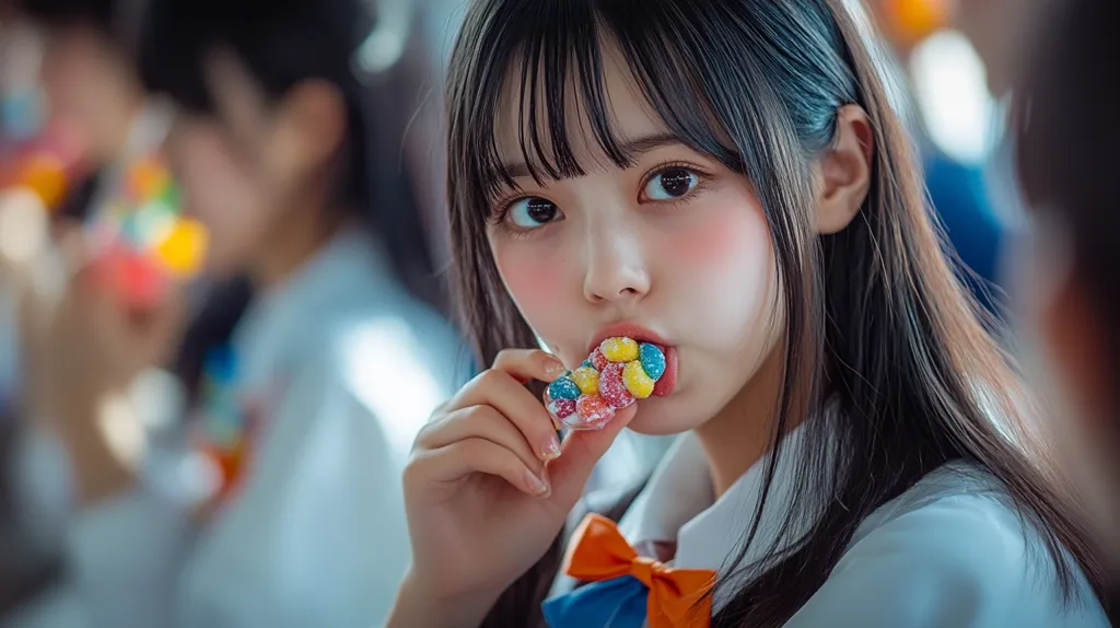 A young woman with long black hair and bangs is wearing a white collared shirt with a blue and orange bow tie. She is looking at the camera and eating a handful of colorful candy. She has rosy cheeks and a playful expression on her face. The background is blurred and out of focus.