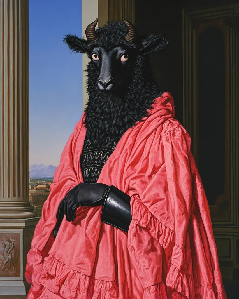 A black sheep with horns stands in a formal portrait, wearing a long, pink, ruffled gown with a black bodice. It's set against a background of a pillar, and a distant cityscape. The sheep's eyes are wide and its expression is serious. The overall feeling is one of absurdity and humor.