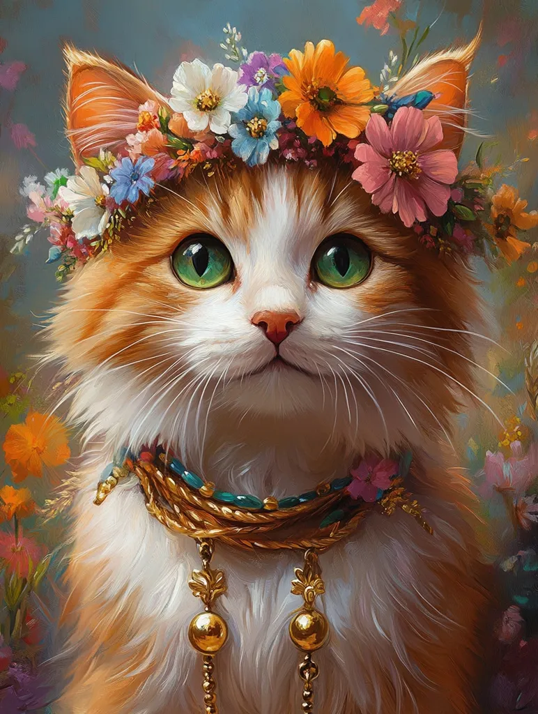 A close-up portrait of a fluffy orange and white cat adorned with a flower crown,  bright green eyes, a delicate nose, and a golden collar with dangling bells. The cat's fur is soft and  the background is a blur of colorful flowers. The image creates a dreamy and enchanting  atmosphere.