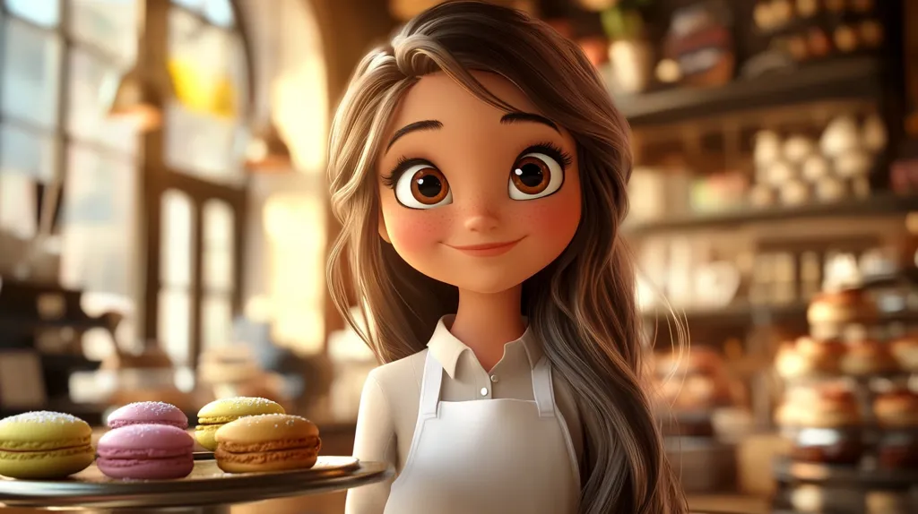 A young woman with large brown eyes and long brown hair is smiling as she holds a tray of macarons. She is wearing a white shirt and a white apron and working in a bakery. The shelves behind her are filled with pastries and the overall feeling is one of warmth and sweetness.