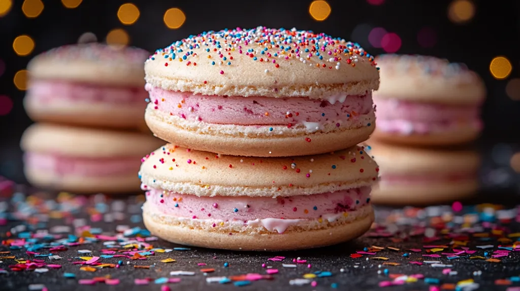 Two macaron ice cream sandwiches are stacked on a black surface covered in colorful sprinkles. The macarons are topped with colorful sprinkles and the ice cream filling is pink. The image is blurred in the background, with more macarons and out of focus lights.  The image is visually appealing and makes you want to take a bite.