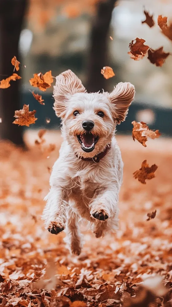 A small, fluffy white dog with brown ears is leaping through the air, mouth open in a joyful bark.  Brown leaves are scattered on the ground and falling around the dog, creating a beautiful autumn scene. The dog's happy expression and the vibrant colors of the fall foliage convey a sense of playfulness and energy.  The blurred background suggests a forest setting, adding to the charm of the image.