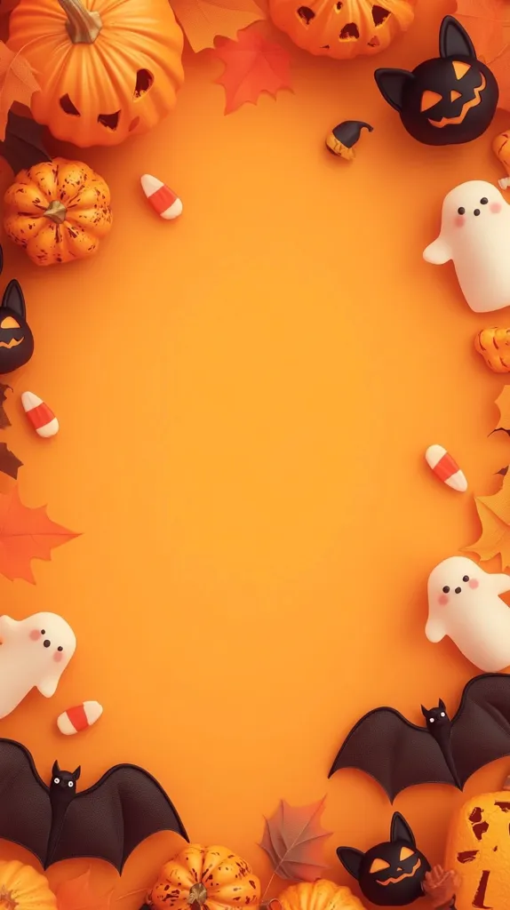The image is a Halloween-themed flat lay with a bright orange background. There are pumpkins, bats, ghosts, candy canes, and autumn leaves scattered around the edges, leaving a large space in the center. The image has a playful and festive feel.