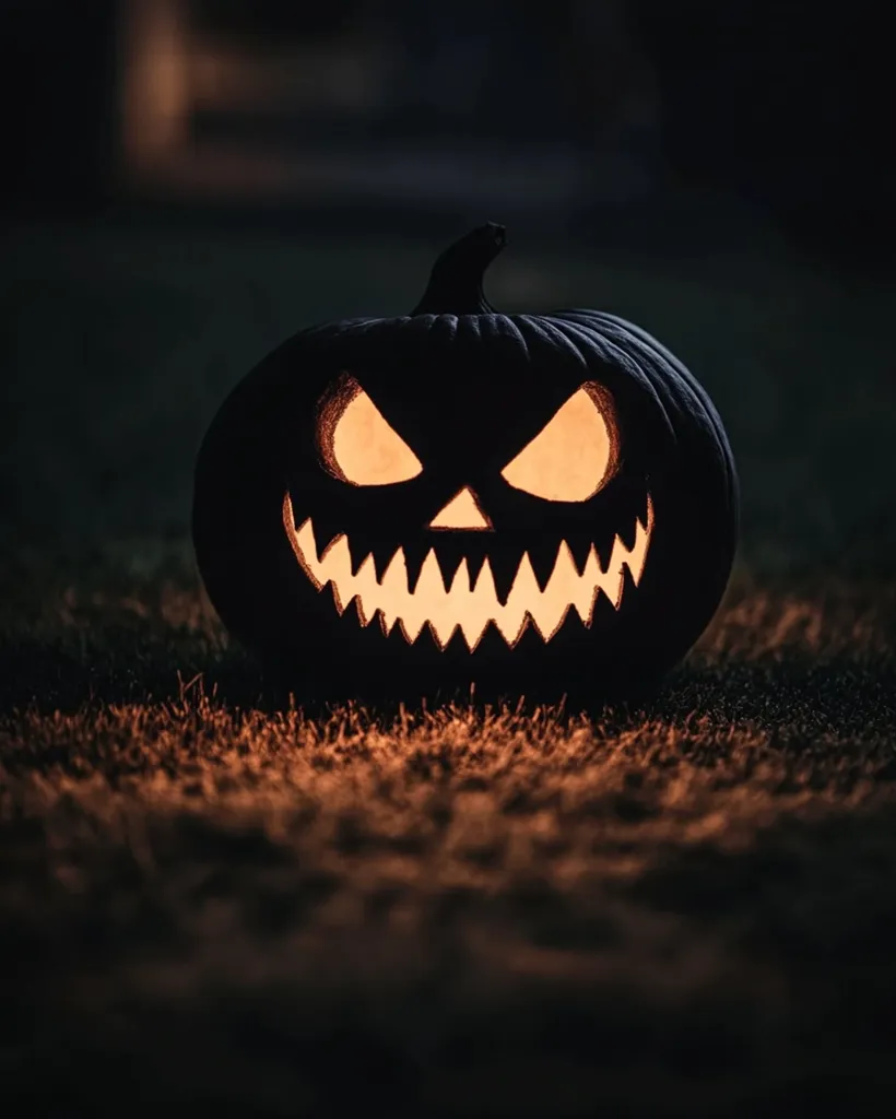 A close-up shot of a carved jack-o-lantern in a dark, grassy field. The pumpkin's menacing grin is illuminated from within, casting a warm glow on the surrounding foliage. The image evokes a sense of Halloween mystery and spooky ambiance.