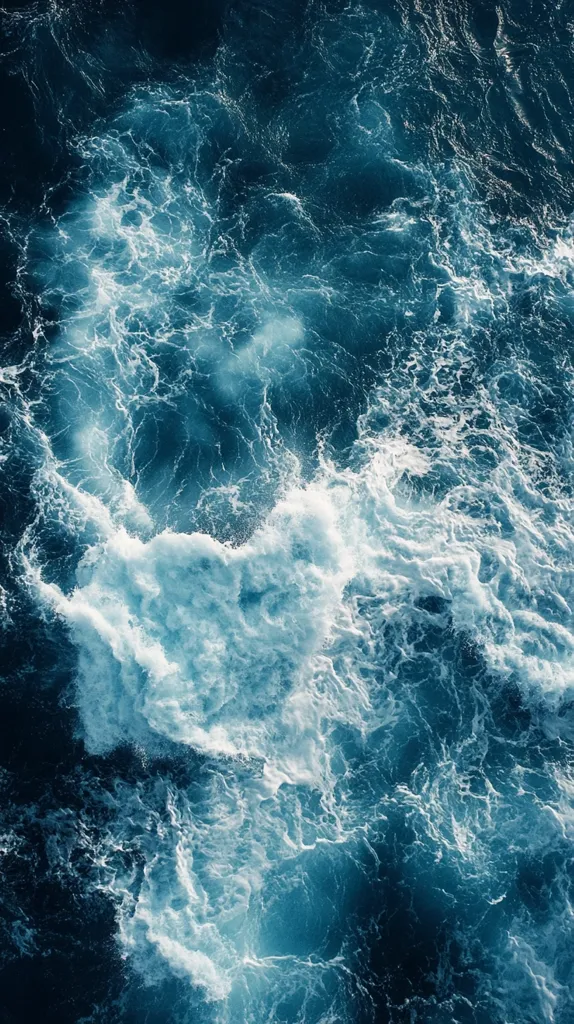 The image shows an aerial view of the ocean, with white foamy waves crashing against the deep blue water. The light catches the crests of the waves, creating a sparkling effect. The image evokes a sense of vastness and power, with the waves seemingly stretching out endlessly.