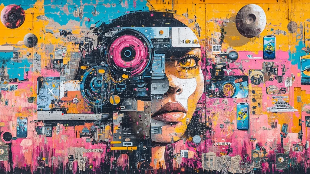 The image depicts a vibrant graffiti mural featuring a woman's face composed of various colorful geometric shapes and patterns. The woman's face is partially obscured by a large, circular, black and pink shape that resembles a camera lens. The background is filled with a multitude of smaller shapes, colors, and textures, creating a visually dynamic and abstract composition.  The overall effect is bold, expressive, and evocative of urban art.