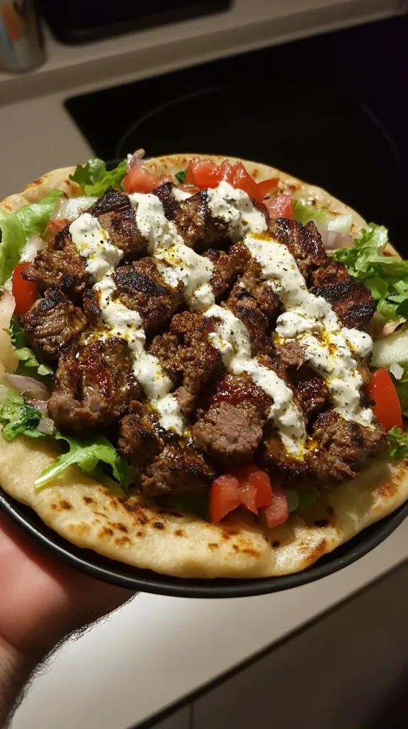 A pita bread topped with grilled meat, fresh lettuce, tomatoes, and a creamy white sauce. The meat is cooked to perfection and the sauce looks delicious. The pita bread is golden brown and looks soft and chewy. The entire dish looks incredibly appetizing.