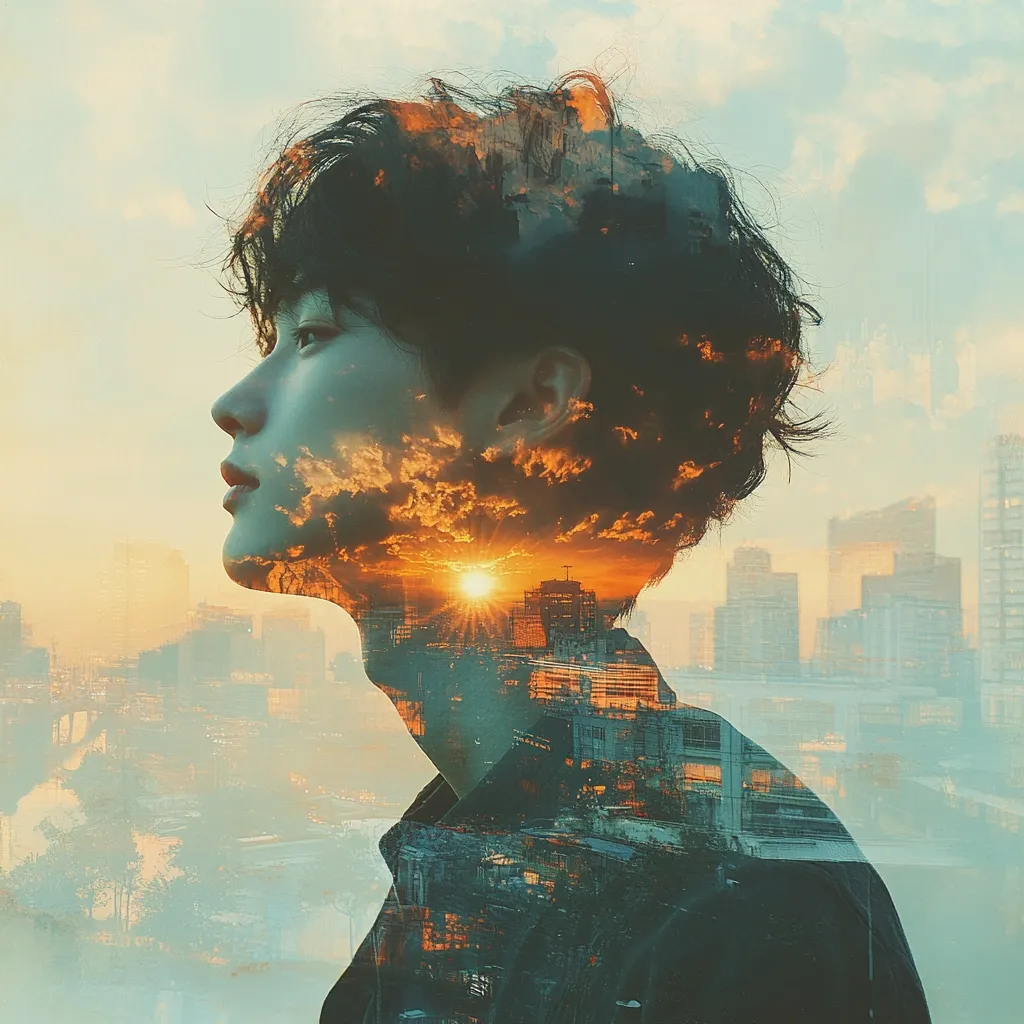 The image is a double exposure of a young man and a city skyline. The man's profile is visible, while the cityscape is superimposed over his head and body. The colors are muted and hazy, creating a dreamlike and melancholic atmosphere. The sun is setting over the city, casting a warm glow. The image suggests a feeling of longing or introspection.