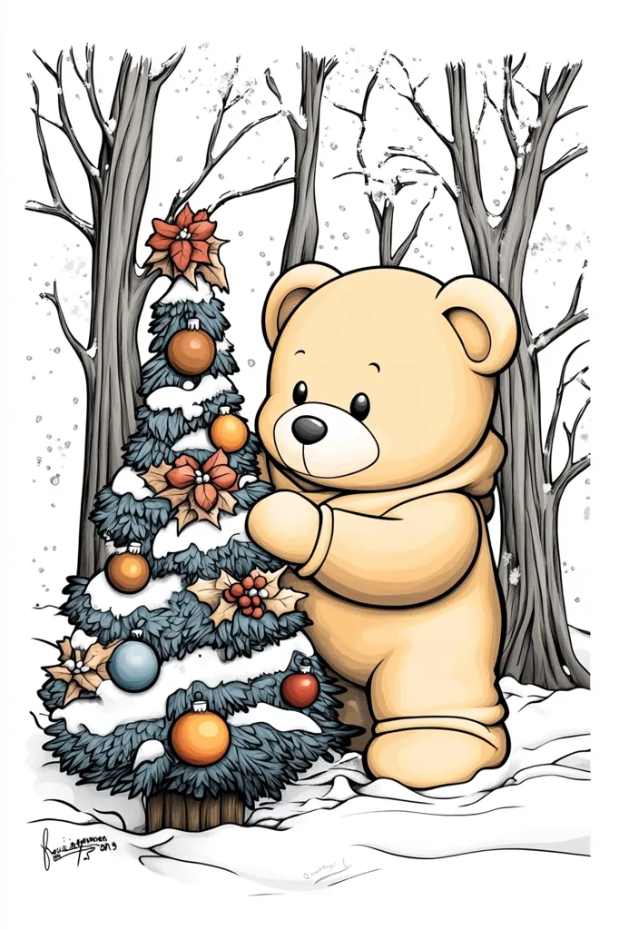 A cute teddy bear stands beside a small decorated Christmas tree in a snowy forest. The bear has a warm, fuzzy appearance and is looking at the tree with a sense of wonder. The tree is adorned with colorful ornaments, red poinsettias, and snow. The scene evokes a sense of holiday cheer and warmth. The background is filled with snow-covered trees, suggesting a wintery landscape.  The image is hand-drawn and uses a vibrant color palette.