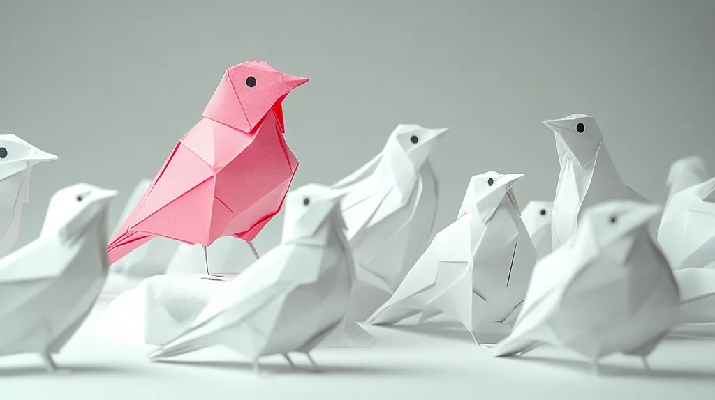 The image shows a group of origami birds, all white except for one that is pink. The pink bird stands out from the rest, highlighting its uniqueness. The image suggests a theme of individuality and standing out from the crowd. The sharp folds and clean lines of the origami birds create a sense of precision and artistry.