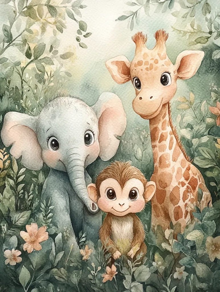 A watercolor illustration of a cute elephant, a monkey, and a giraffe standing in a jungle setting. The elephant is grey with large ears and a trunk, the monkey is brown with a long tail, and the giraffe is yellow with brown spots. They are all looking at the viewer, and the background is a lush green jungle with flowers. The illustration is drawn in a cartoon style with soft, rounded edges and bright colors.